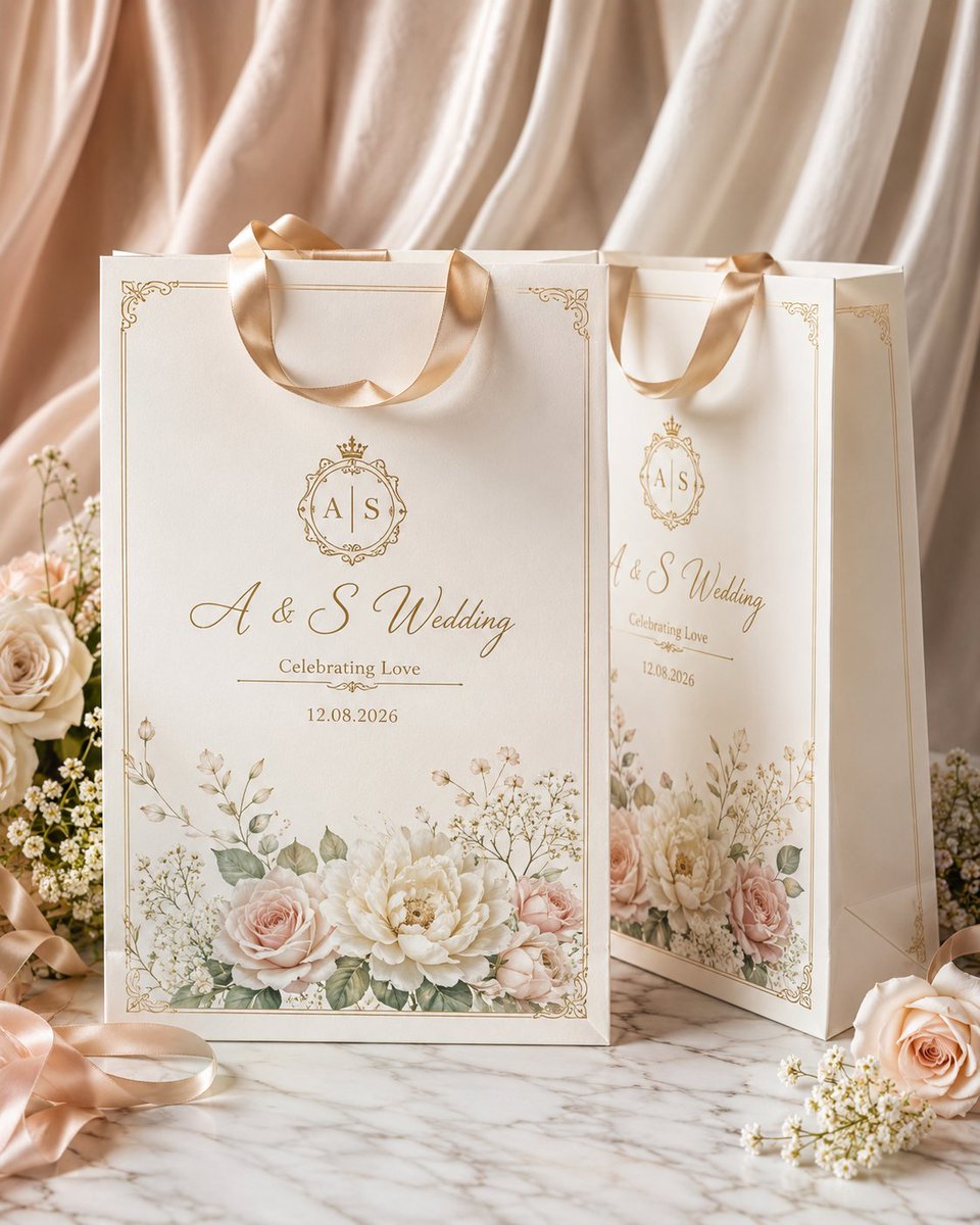 Create a high-end luxury wedding gift bag mockup in a clean premium st