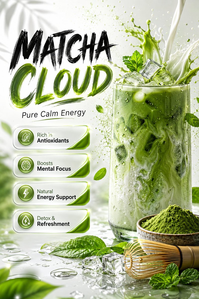 Ultra-realistic premium matcha beverage advertisement poster design, l