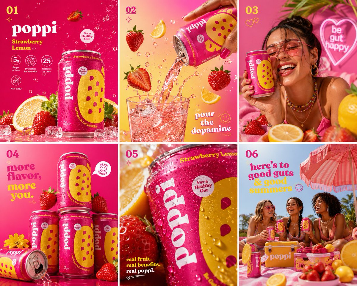 Ultra vibrant Poppi Strawberry Lemon soda hero shot, hot pink seamless