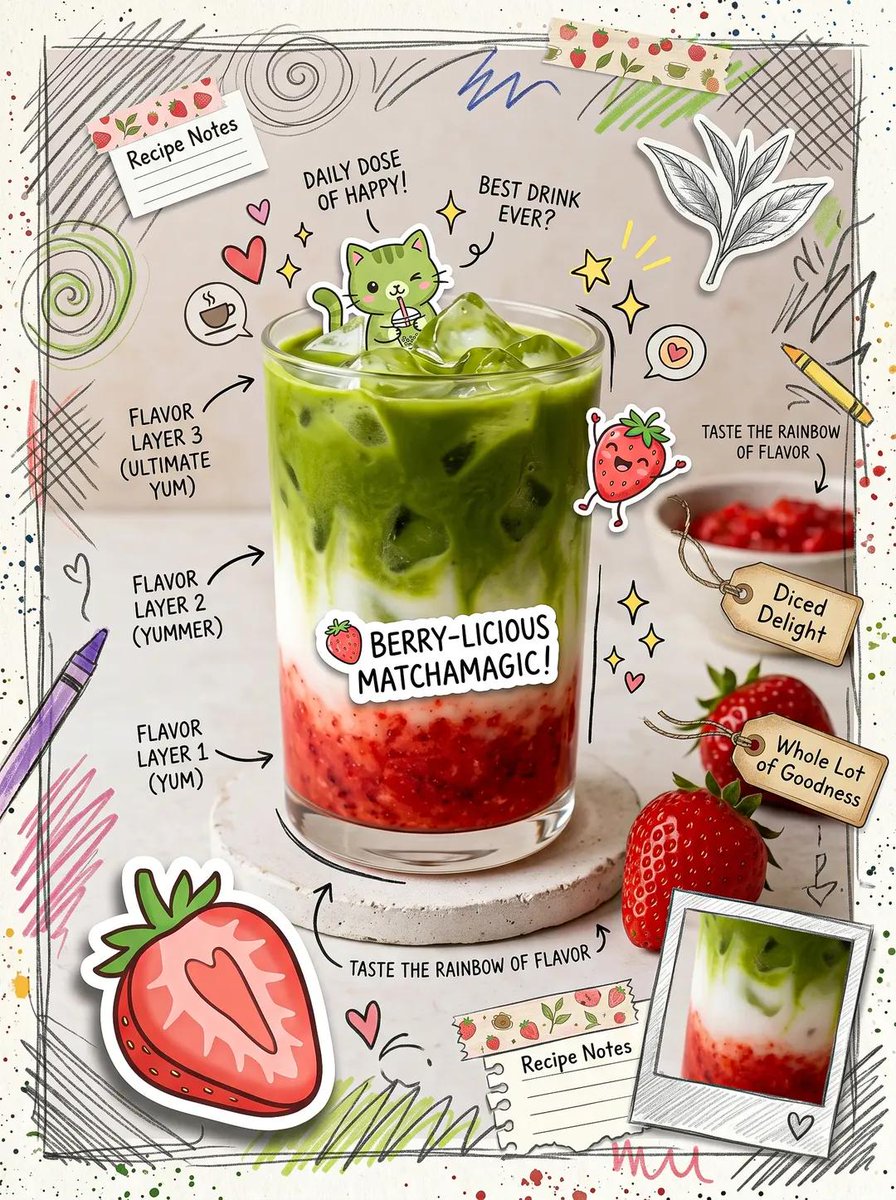 Cute scrapbook-style food photography poster, aesthetic matcha latte d