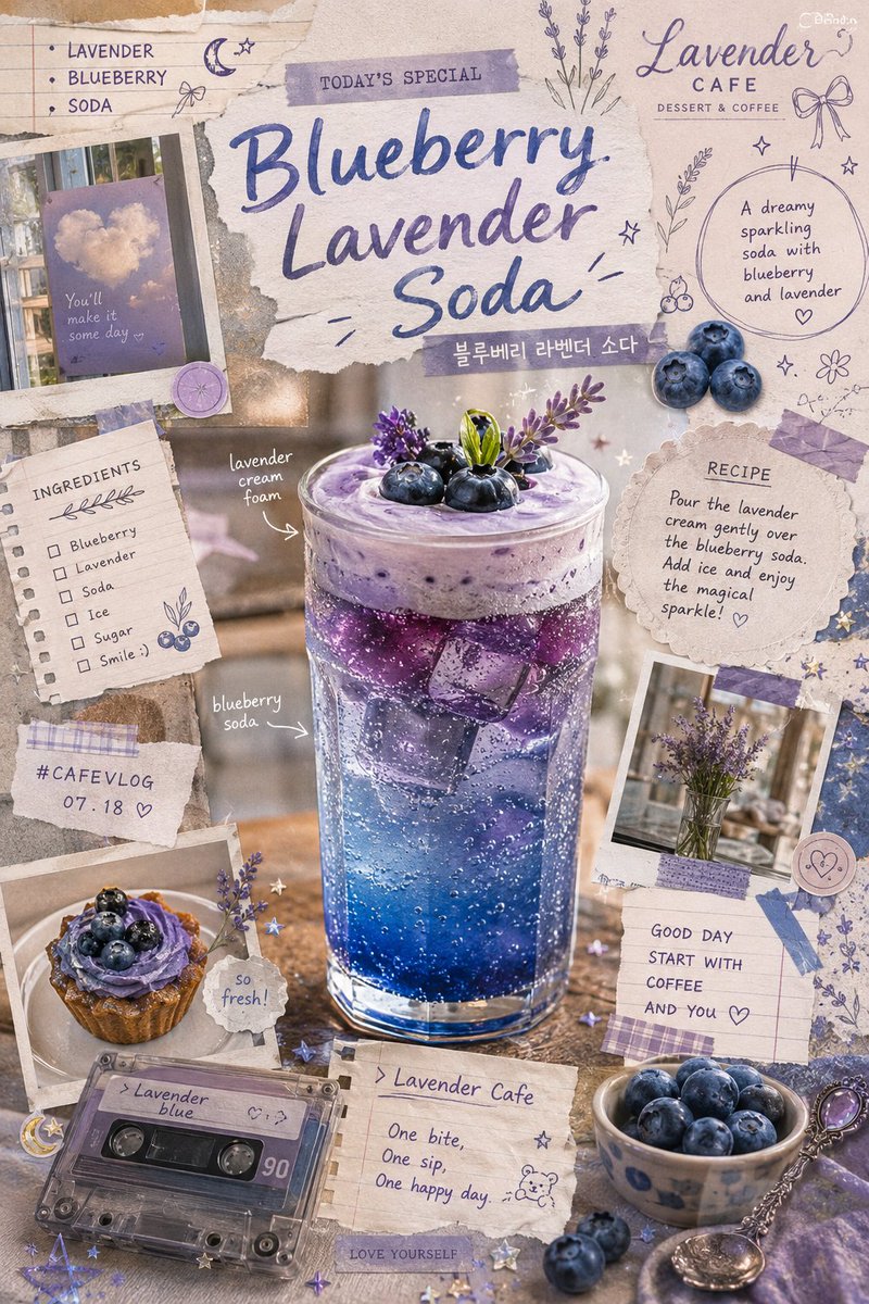 Vintage-inspired blueberry lavender soda scrapbook poster, dreamy arti