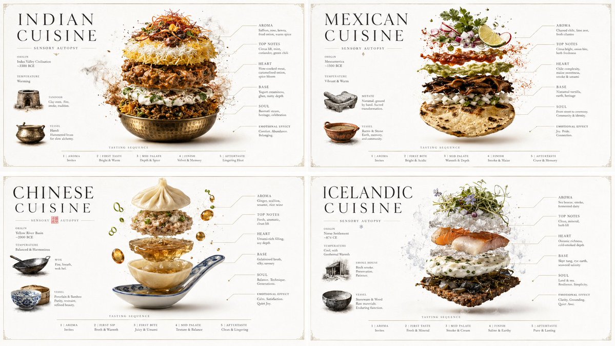 2x2 grid, 16:9, do this for Indian, Mexican, Chinese, and Iceland cuis