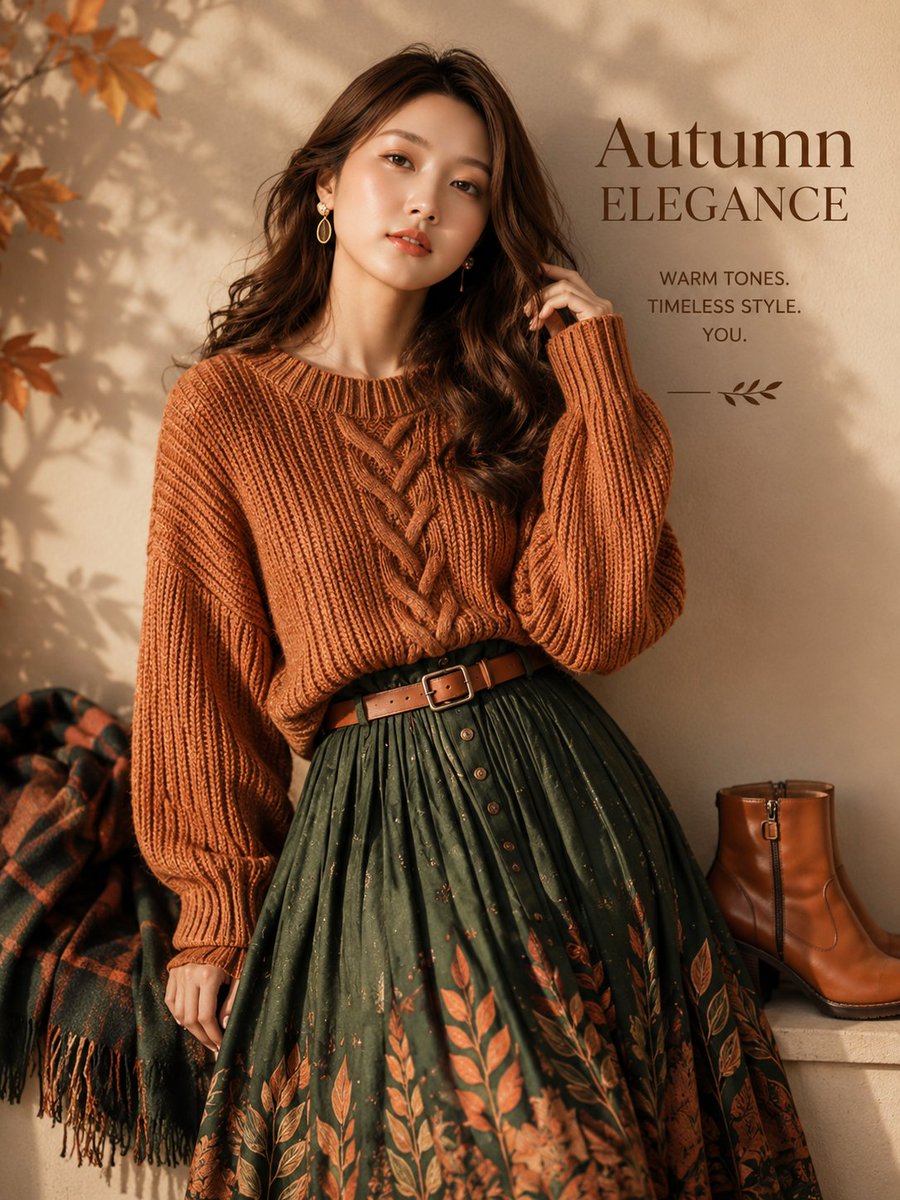 Ultra-realistic autumn fashion editorial poster featuring a beautiful