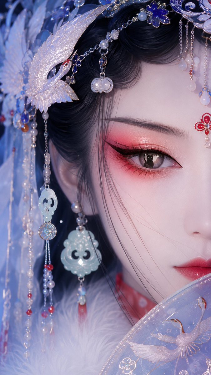 国风戏曲旦角美人系列｜极近景半脸单眼特写 把米哈游角色、西游记角色与历史人物，重塑成冷艳神秘的东方戏曲美人。 红粉橘戏曲眼妆、冷白瓷肌