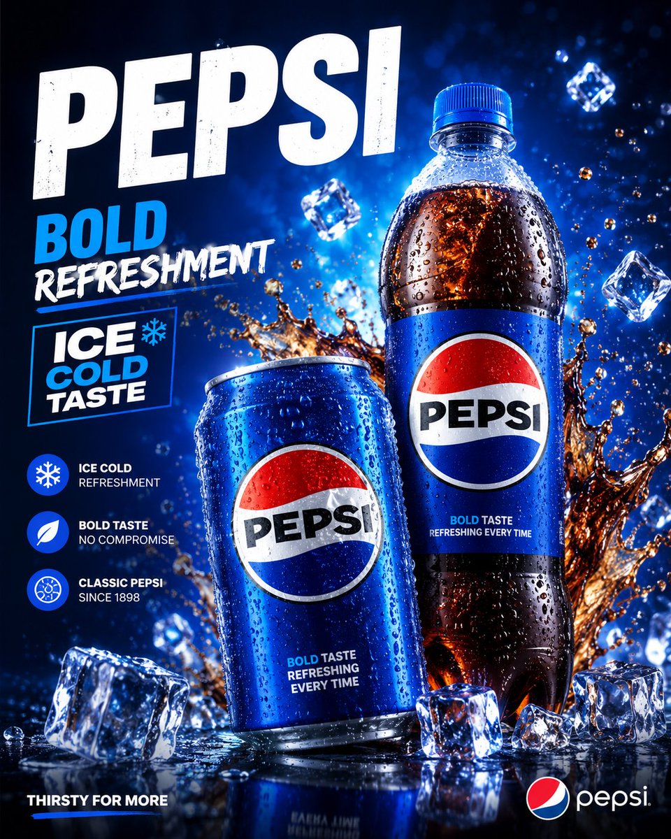 Create a premium Pepsi drinks packaging advertisement poster with a bo