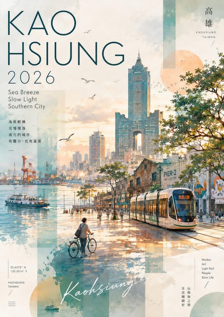 Watercolor and collage travel poster for Kaohsiung, Taiwan, vertical l