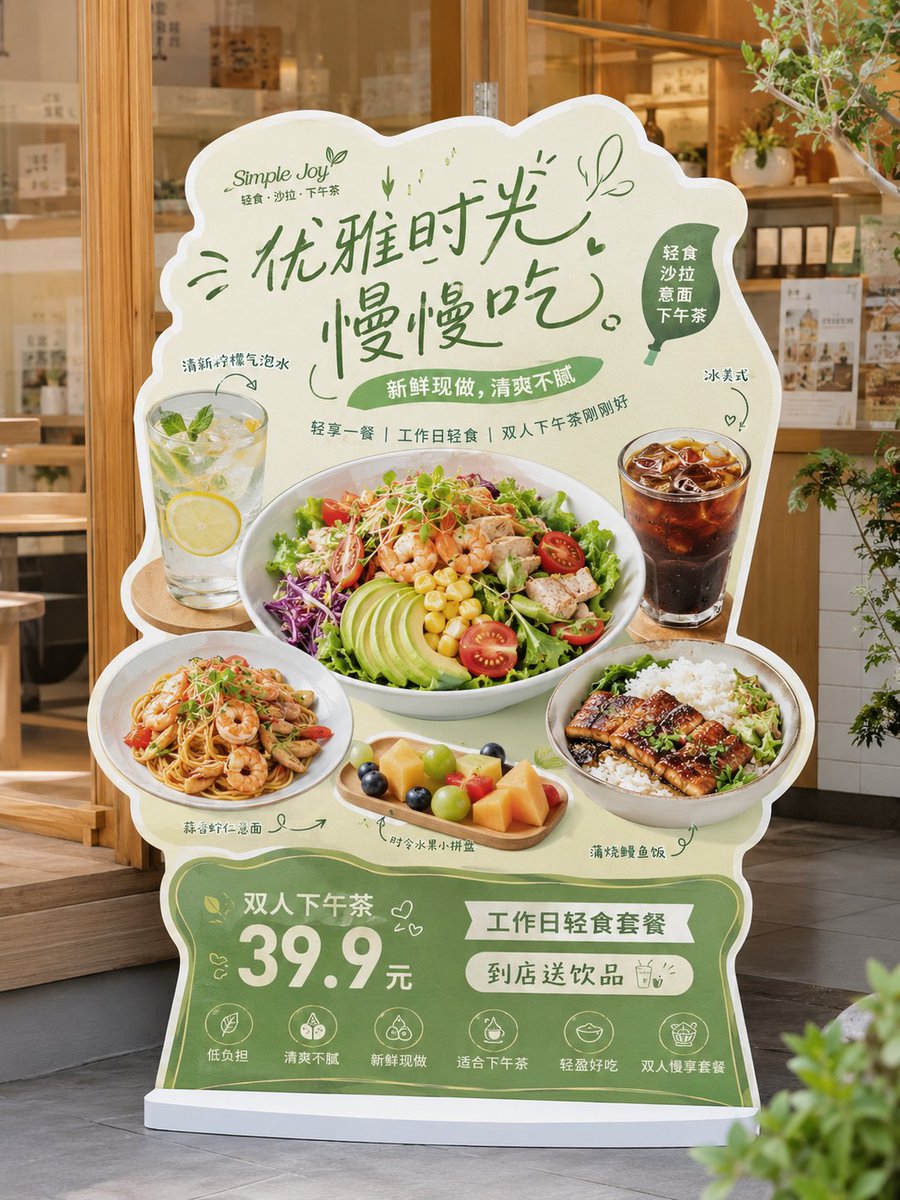 请生成一张高完成度的「餐饮异形展架 / 立牌」设计图，用于展示餐饮门店的新品推荐、招牌产品、套餐促销或品牌活动信息。 【基础信息】 品牌名