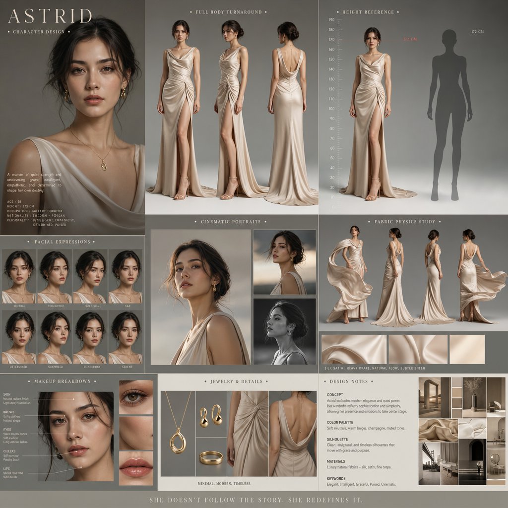 Create a cinematic character design board for a premium drama film. A