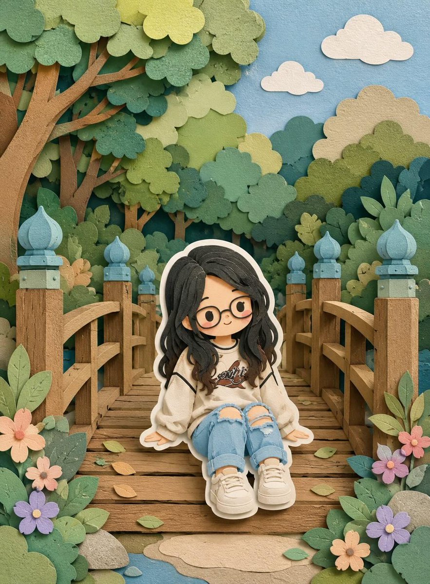 Cute layered paper-cut art style illustration of a chibi girl with big