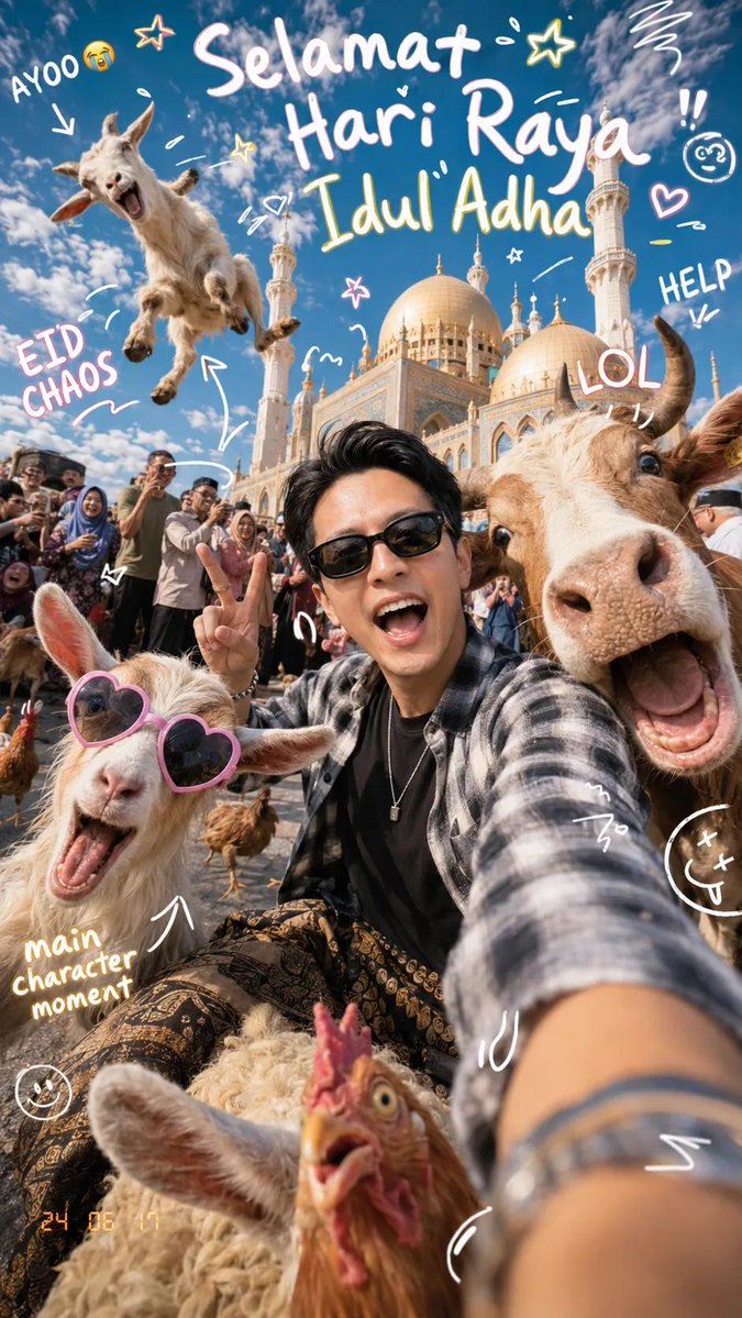 Ultra-realistic super cute chaotic Eid al-Adha selfie photograph in fr