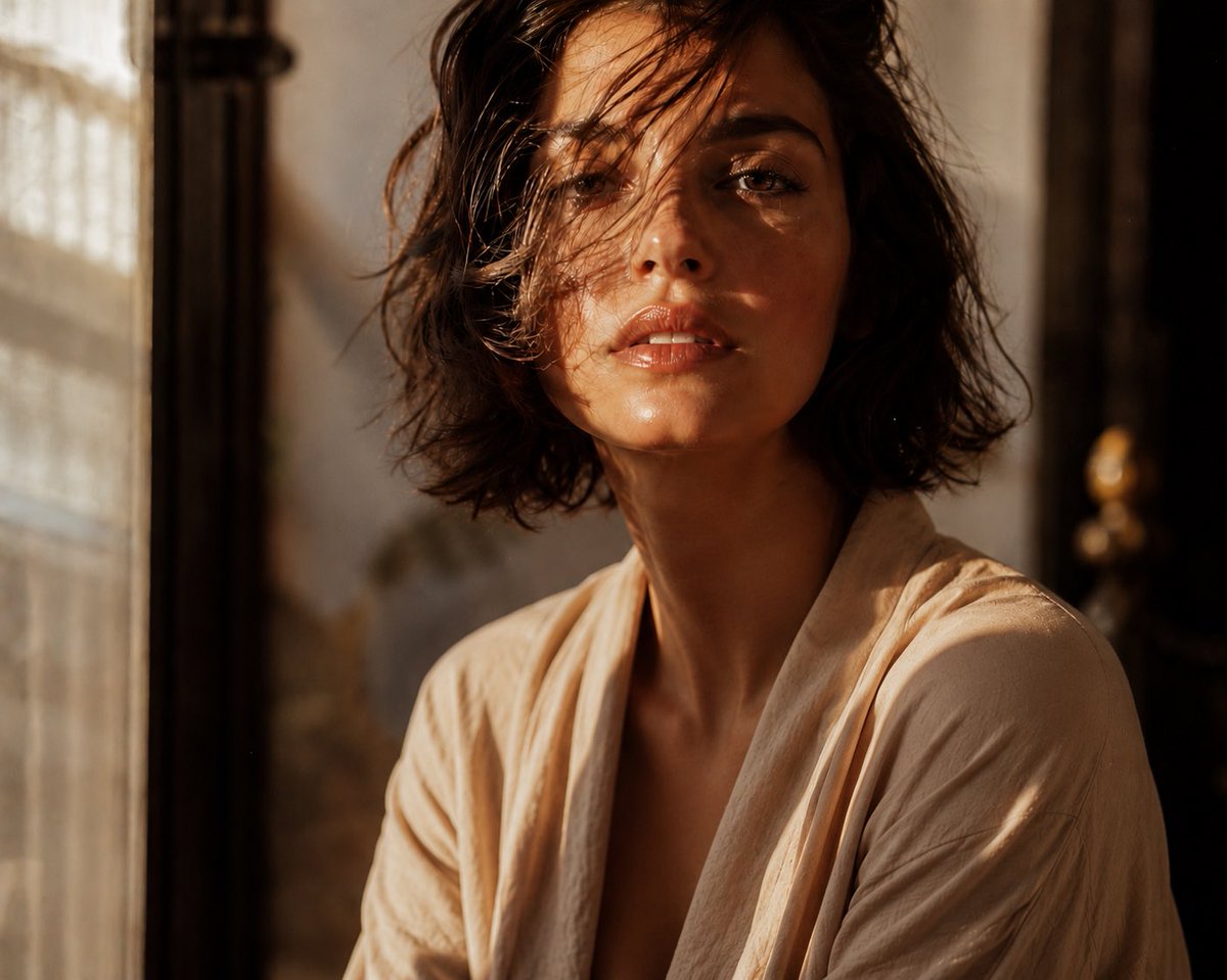 Cinematic editorial close-up of an elegant young woman with a tousled