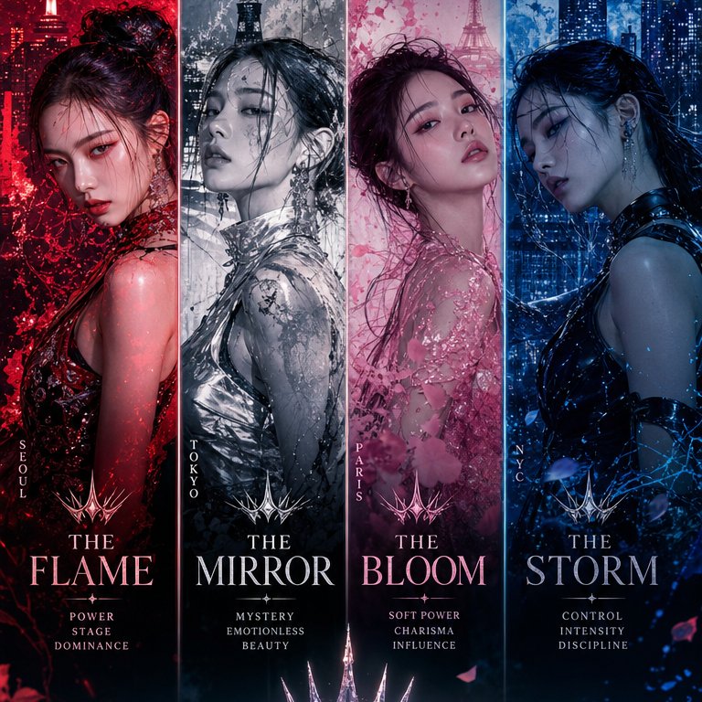 Ultra-premium K-pop comeback concept featuring a four-member global gi