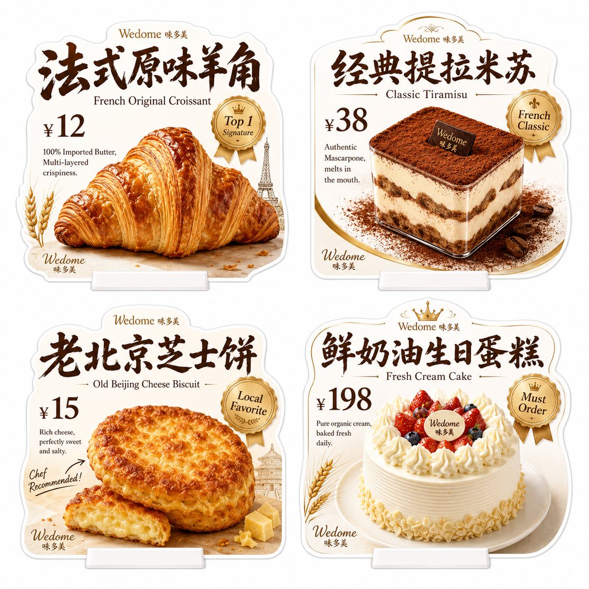 请生成一张[味多美]门店异形桌牌展示图。纯白背景。 品牌名称： [味多美 (Wedome)] 空间风格： 温暖法式烘焙感，温馨治愈，高级感。
