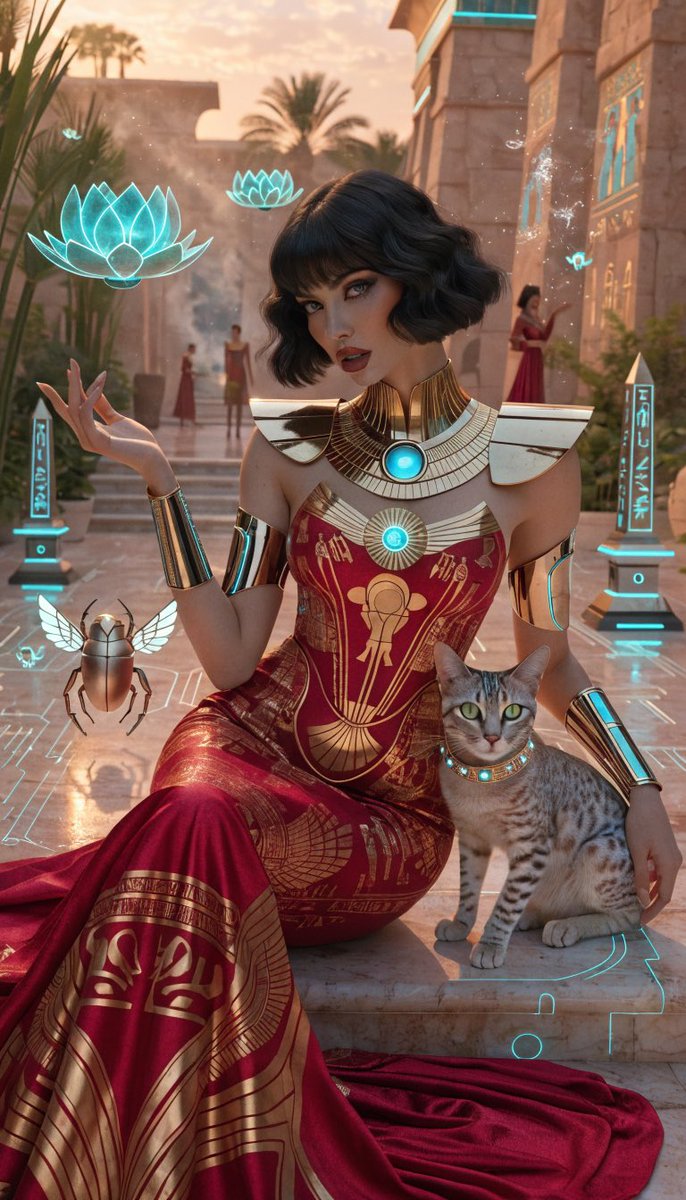 Photorealistic retro-futuristic Egyptian cyberpunk queen seated regall