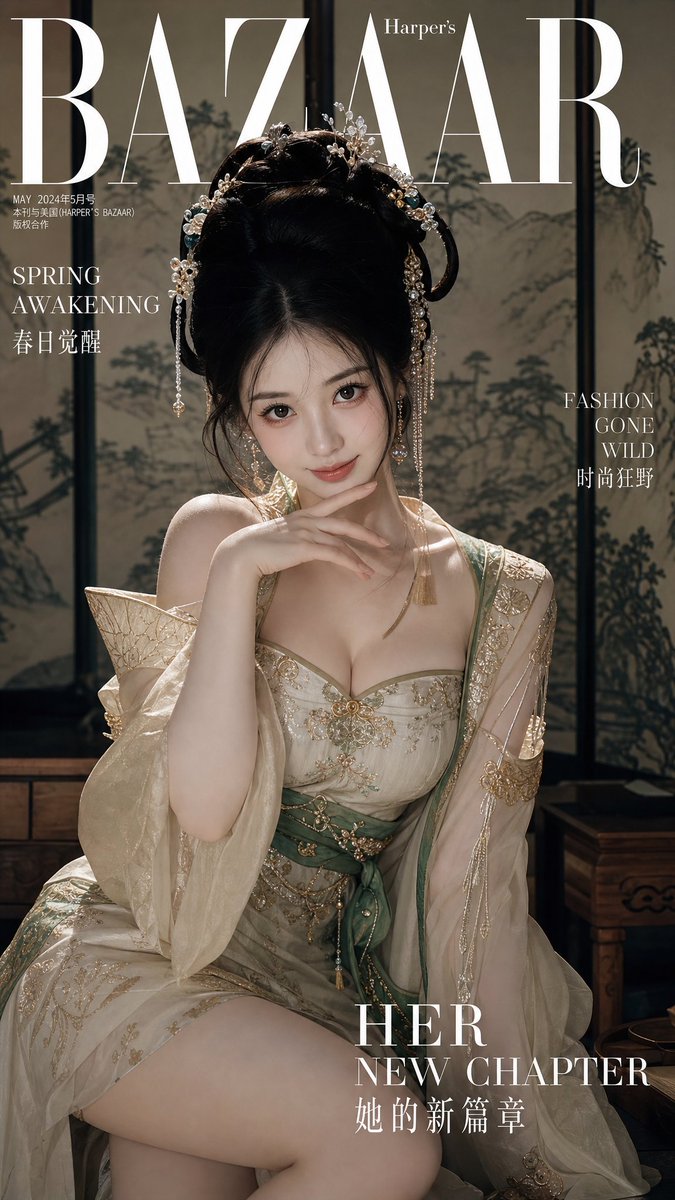 顶尖现代时尚杂志封面大片，一位20岁左右的国风美女，身着改良版华丽古装（汉服元素）。她拥有丰腴匀称的沙漏型身材，裁剪得体的古装完美勾勒出优美