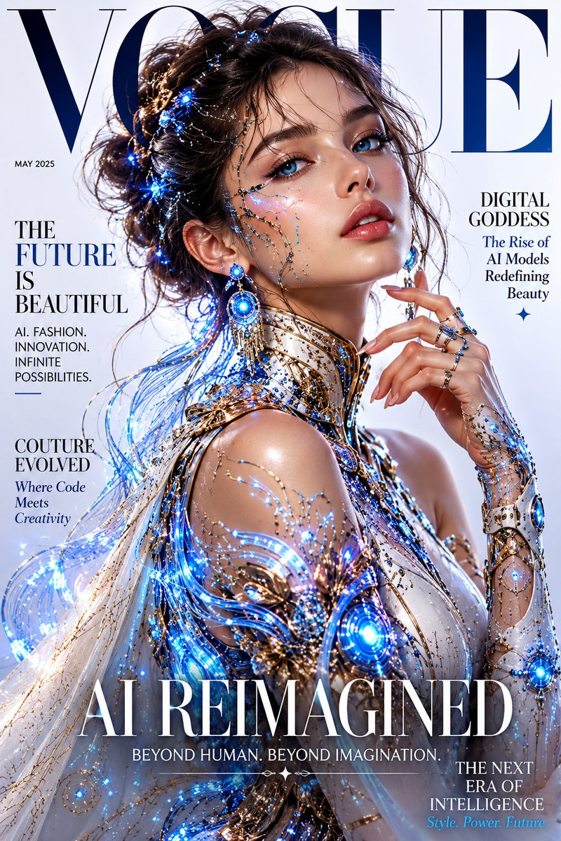 Professional magazine cover design, Vogue style, fictional AI model wi