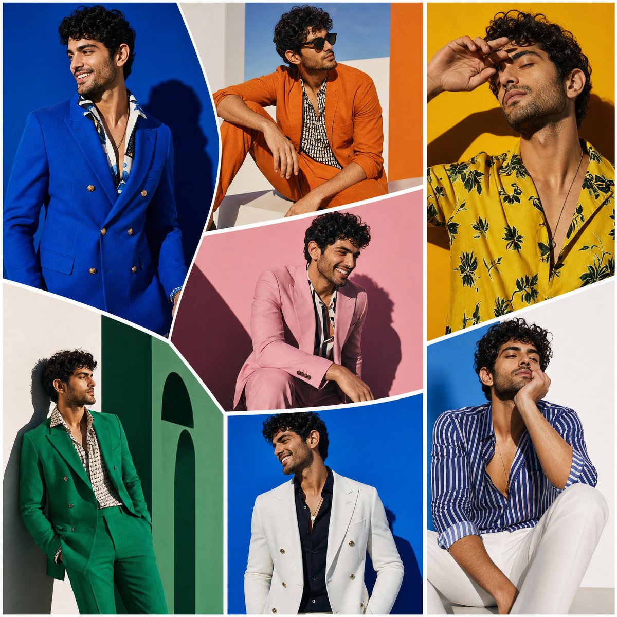 The SAME male model displayed across oversized random-shaped fashion p