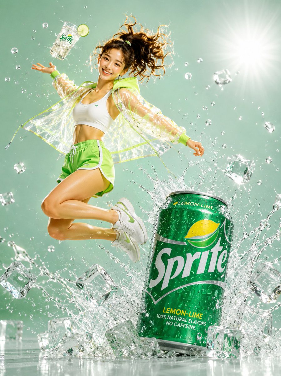 A young woman mid-air jumping pose, high ponytail flying, pure excitem