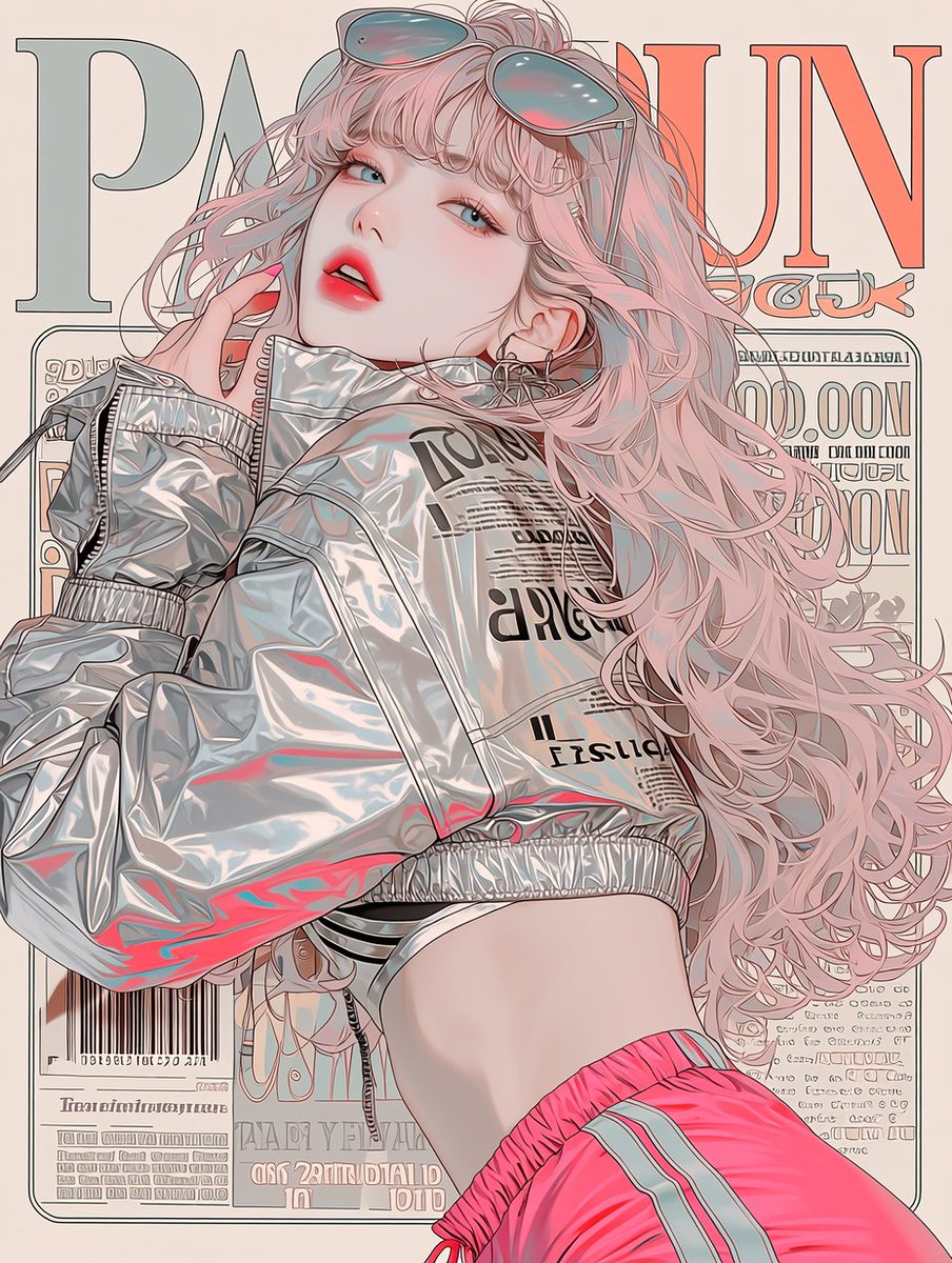 A magazine cover design featuring a [여/남], wearing a metallic silver c