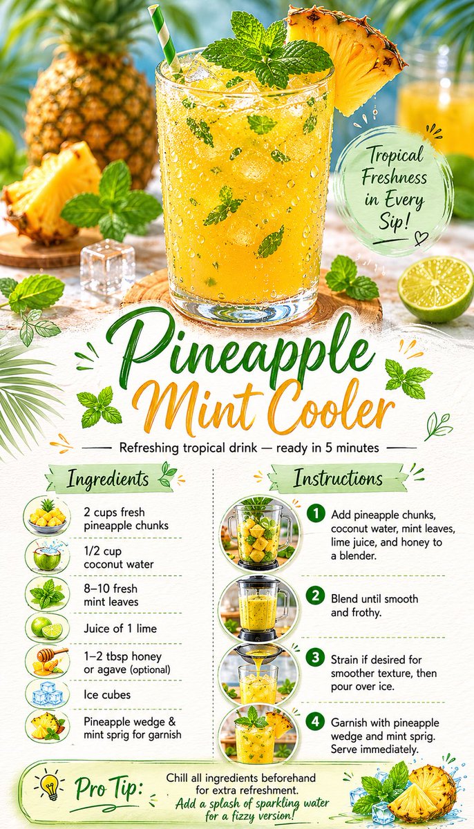Create a beautiful, vertical recipe card for "Pineapple Mint Cooler" a