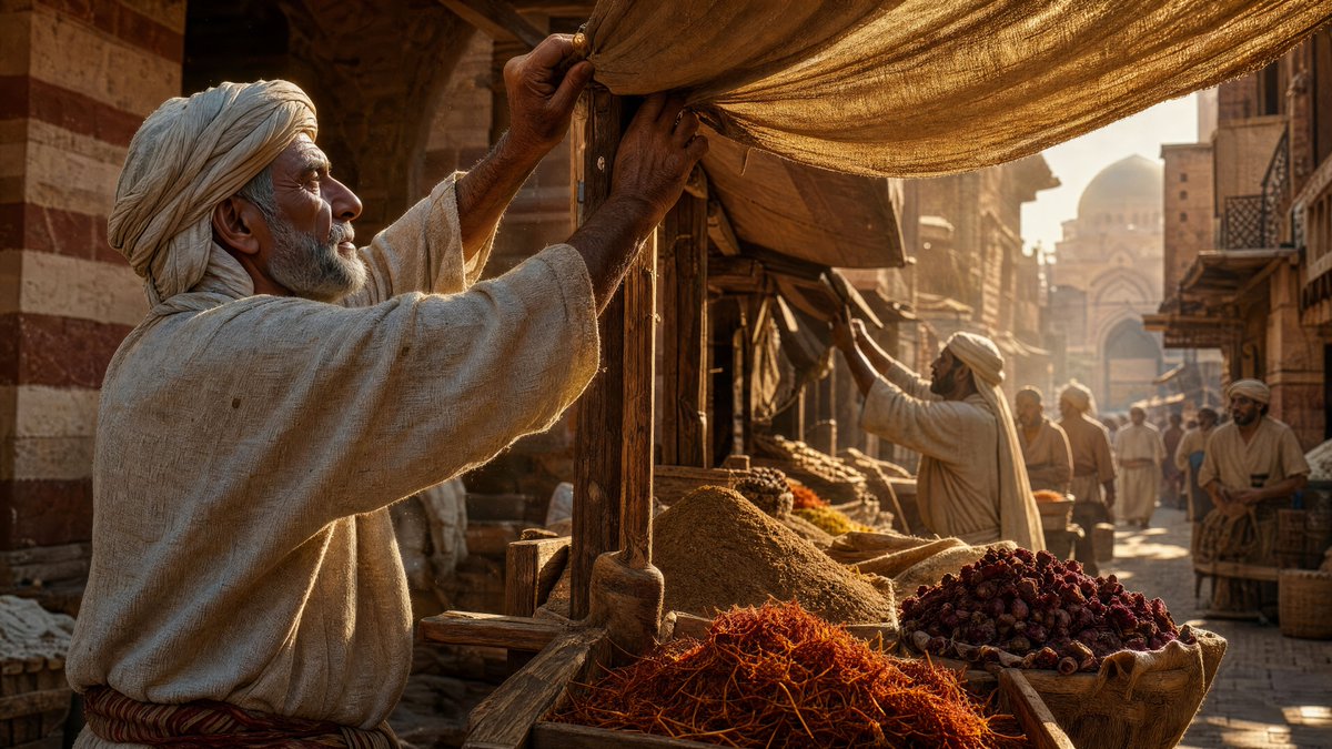 A bustling 14th-century Egyptian spice market at early morning, eye-le