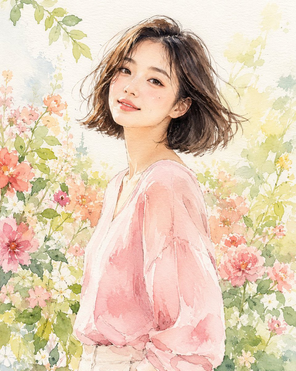 Fashion editorial watercolor portrait illustration of a young Korean m