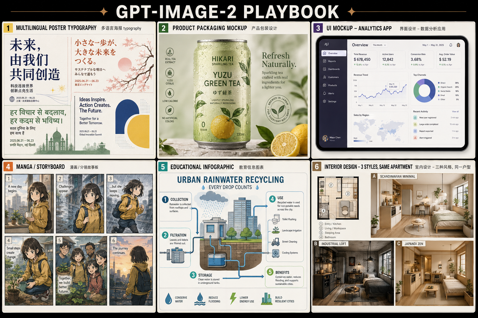GPT Image 2 use-case board with six visual panels