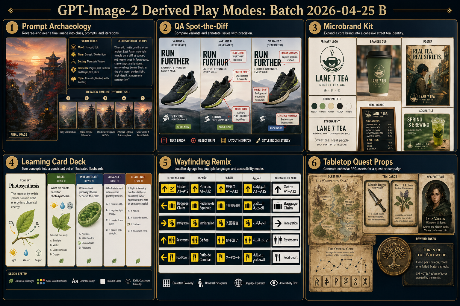 GPT Image 2 derived play modes board with prompt archaeology, QA diffing, microbrand kit, learning cards, wayfinding, and tabletop props