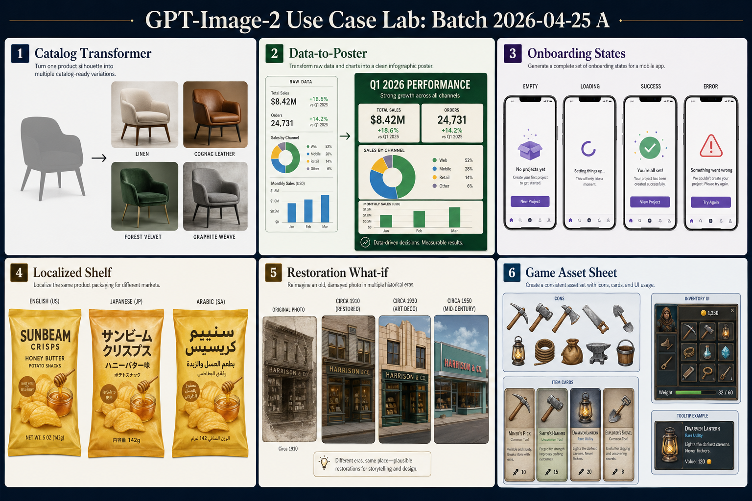 GPT Image 2 use-case lab board with six panels for catalog, data poster, onboarding, localization, restoration, and game assets