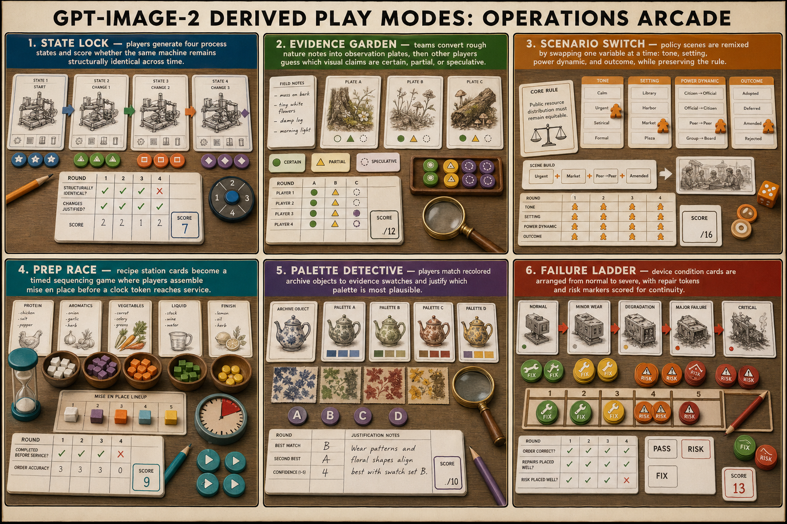 GPT Image 2 operations arcade play modes board with state lock, evidence garden, scenario switch, prep race, palette detective, and failure ladder