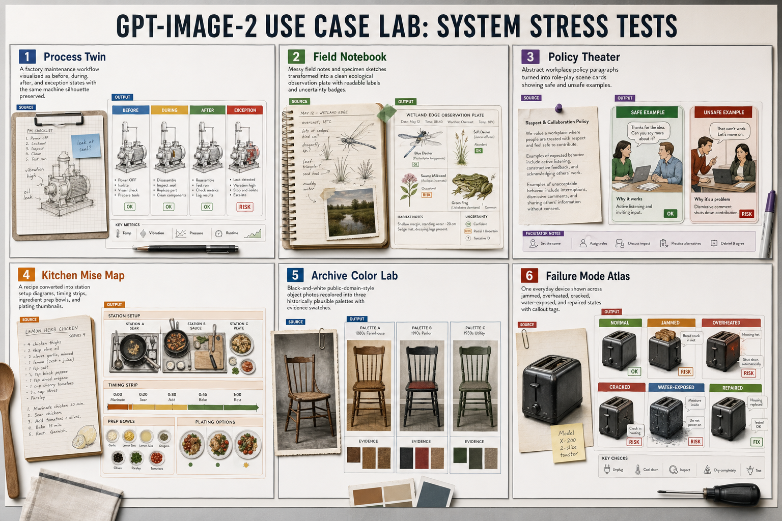 GPT Image 2 system stress test board with process twin, field notebook, policy theater, kitchen mise map, archive color lab, and failure mode atlas
