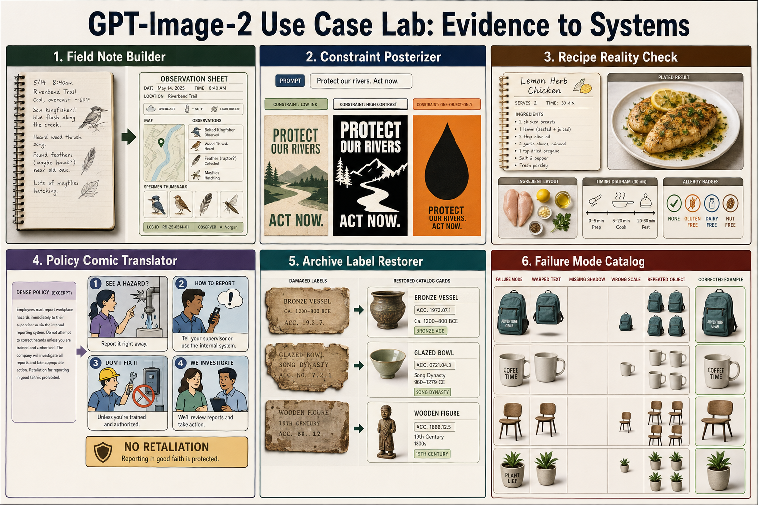 GPT Image 2 use-case board with field notes, poster constraints, recipe checks, policy comics, archive labels, and failure catalogs