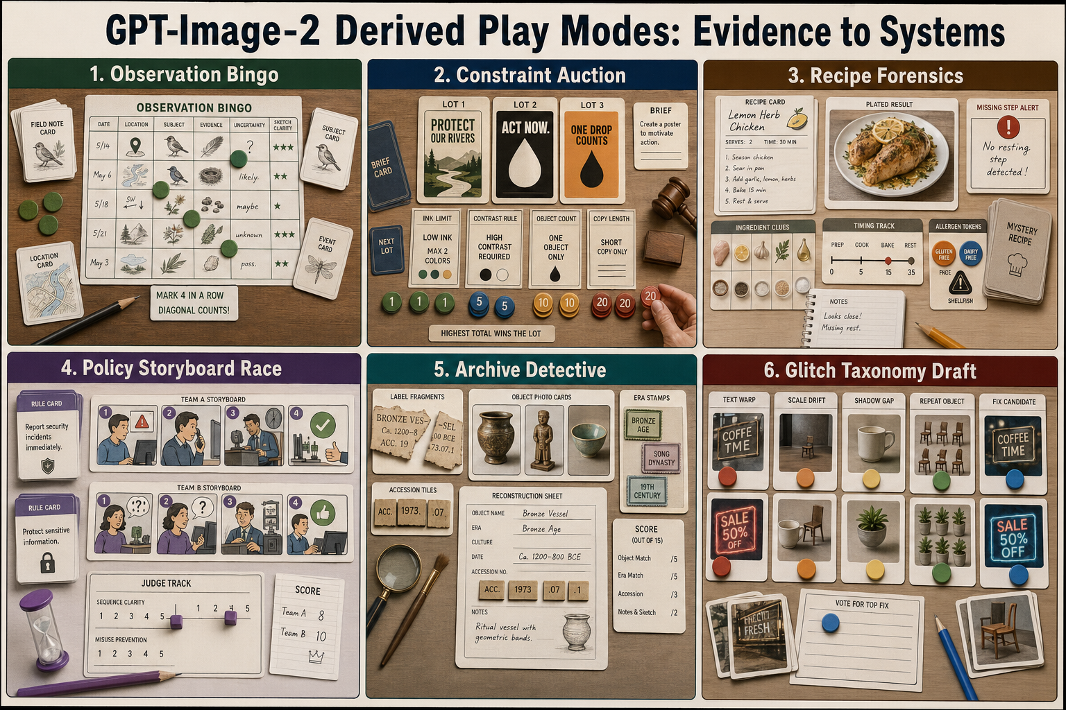 GPT Image 2 derived play modes board with observation bingo, constraint auction, recipe forensics, policy storyboard race, archive detective, and glitch taxonomy draft