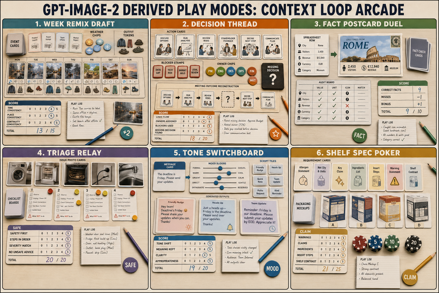 GPT Image 2 derived play modes board with week remix draft, decision thread, fact postcard duel, triage relay, tone switchboard, and shelf spec poker