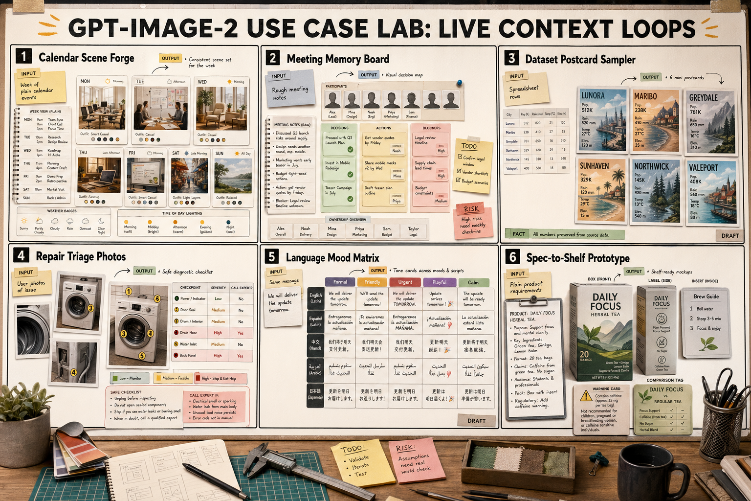 GPT Image 2 use-case board with calendar scene forge, meeting memory board, dataset postcards, repair triage photos, language mood matrix, and spec-to-shelf prototypes