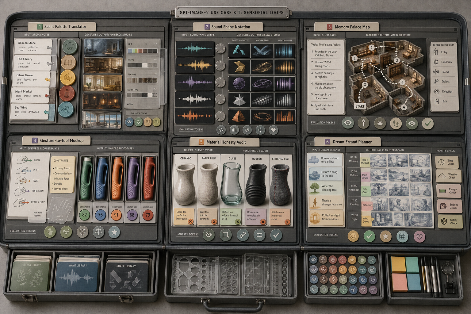 GPT Image 2 sensorial loops use-case kit with scent palette translator, sound shape notation, memory palace map, gesture tool mockups, material honesty audit, and dream errand planner
