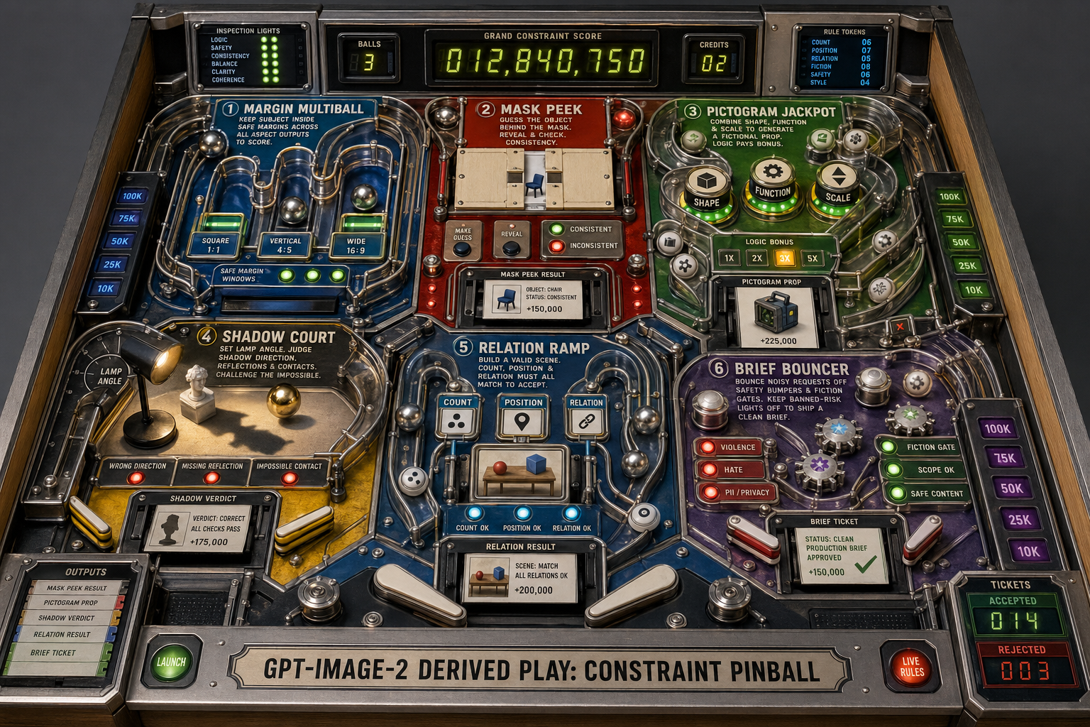 GPT Image 2 derived constraint pinball board with margin multiball, mask peek, pictogram jackpot, shadow court, relation ramp, and brief bouncer