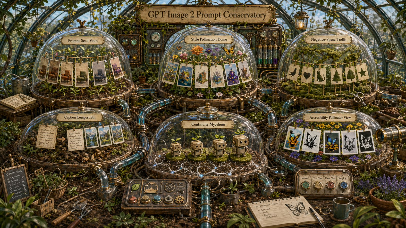 Isometric glasshouse conservatory showing six GPT Image 2 use-case habitat pods for prompt seeds, style pollination, negative space, caption composting, continuity, and accessibility previews