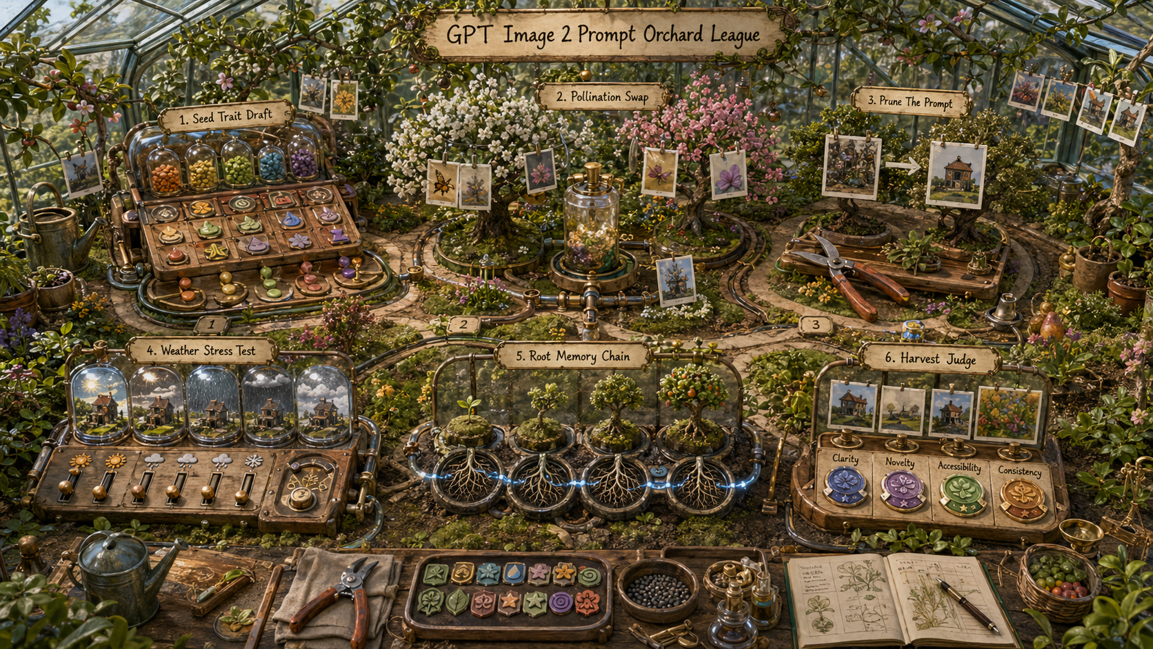 Isometric greenhouse orchard strategy scene with GPT Image 2 derived play mechanics for seed drafting, pollination swaps, pruning prompts, weather testing, root memory, and output judging