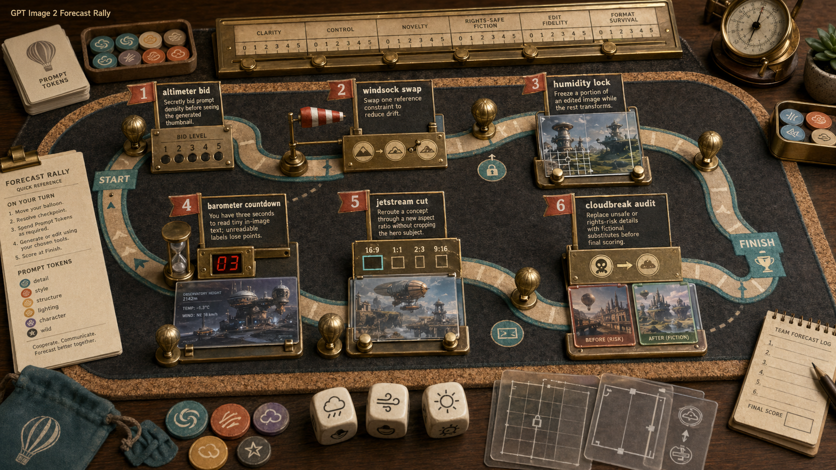 GPT Image 2 forecast rally tabletop game with weather-balloon tokens, route checkpoints, overlays, and scoring rail