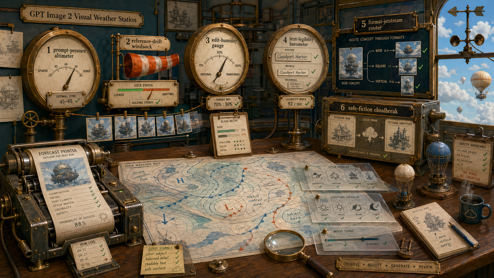 GPT Image 2 visual weather station use-case room with gauges, maps, overlays, and fictional sample thumbnails