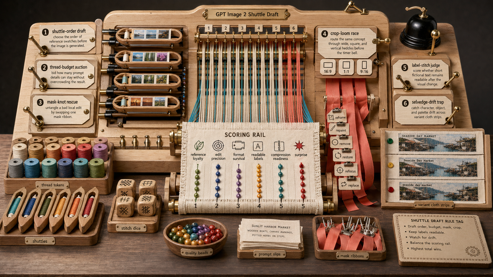 GPT Image 2 shuttle draft loom game with moving shuttles, thread tokens, mask ribbons, crop heddles, scoring cloth, and quality beads