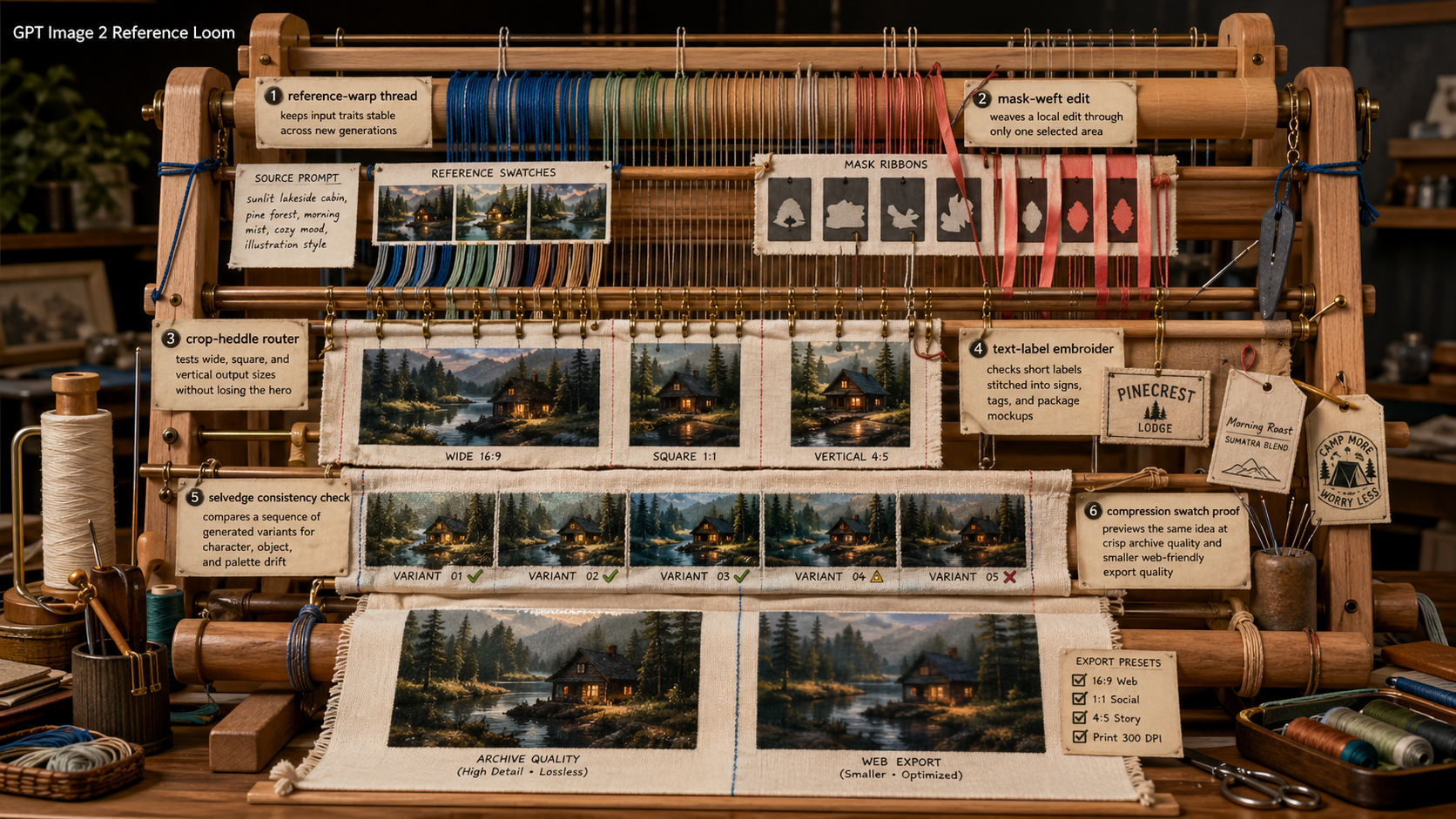 GPT Image 2 reference loom use-case instrument with prompt threads, mask ribbons, crop heddles, label needles, and proof cloth