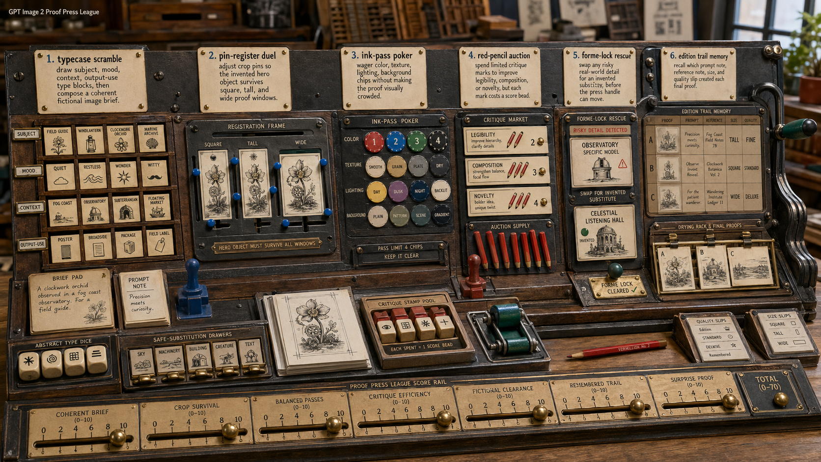 GPT Image 2 proof press league game with typecase scramble, pin-register duel, ink-pass poker, red-pencil auction, forme-lock rescue, and edition trail memory