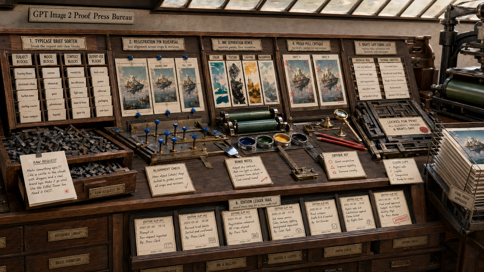 GPT Image 2 proof press bureau with typecase brief sorter, registration pins, ink separation remix, proof-pull critique, rights-safe forme lock, and edition ledger trail