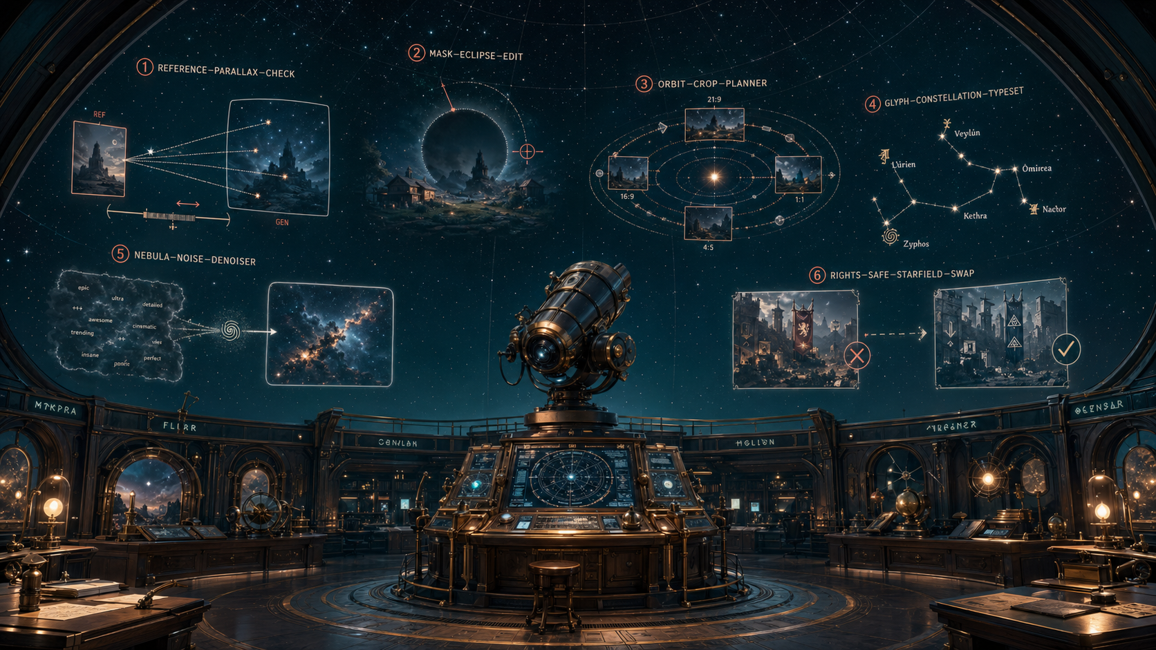Immersive planetarium dome showing GPT Image 2 use cases as celestial instruments for references, masks, crops, labels, prompt cleanup, and fictionalized symbols
