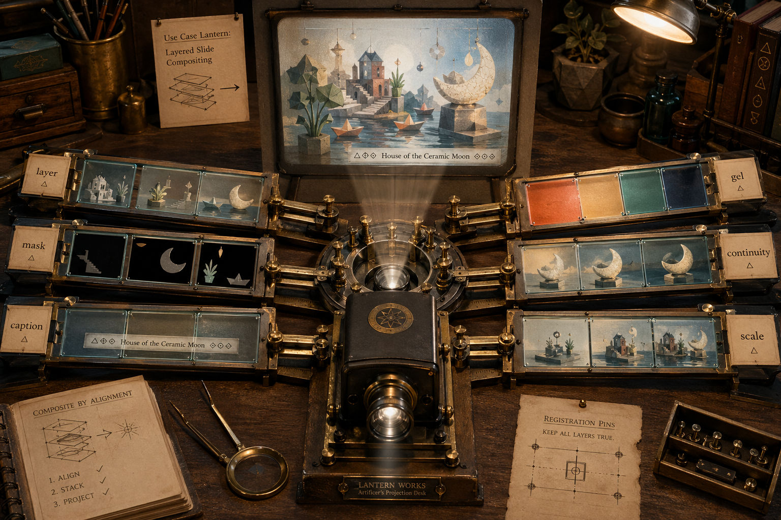 GPT Image 2 use-case lantern desk with translucent glass slides, masks, color gels, caption registration, continuity stack, and scale alignment