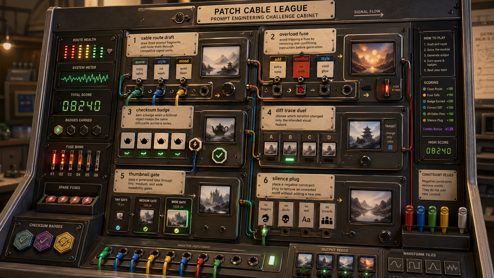Derived GPT Image 2 patch cable challenge cabinet with route slots, fuse tokens, checksum badges, diff traces, and thumbnail gates