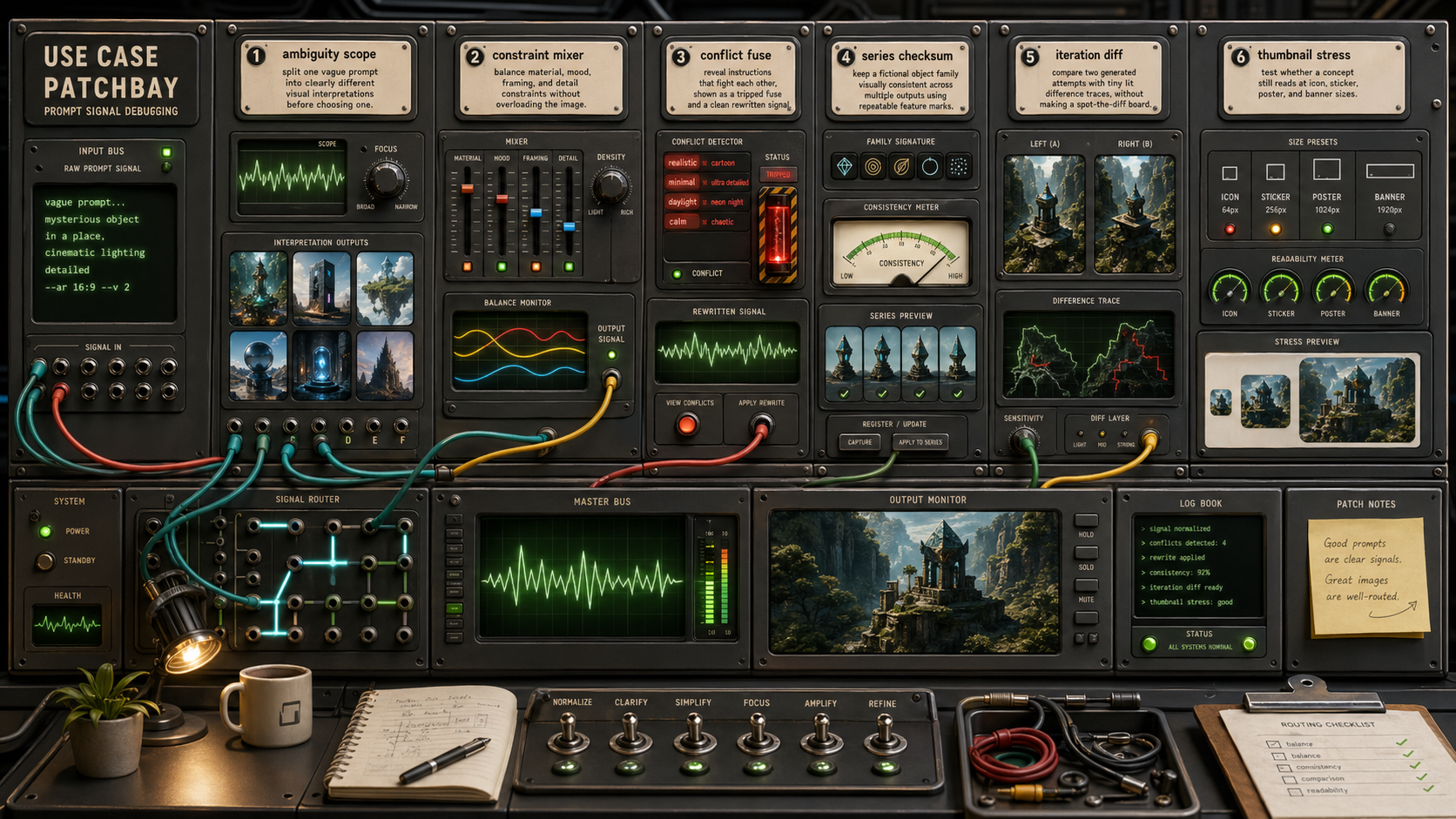 GPT Image 2 prompt debugging patchbay with ambiguity scope, constraint mixer, conflict fuse, series checksum, iteration diff, and thumbnail stress modules