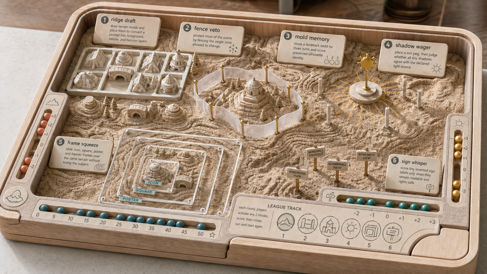 Derived GPT Image 2 kinetic sand terrain arena with ridge draft, fence veto, mold memory, shadow wager, frame squeeze, and sign whisper mechanisms
